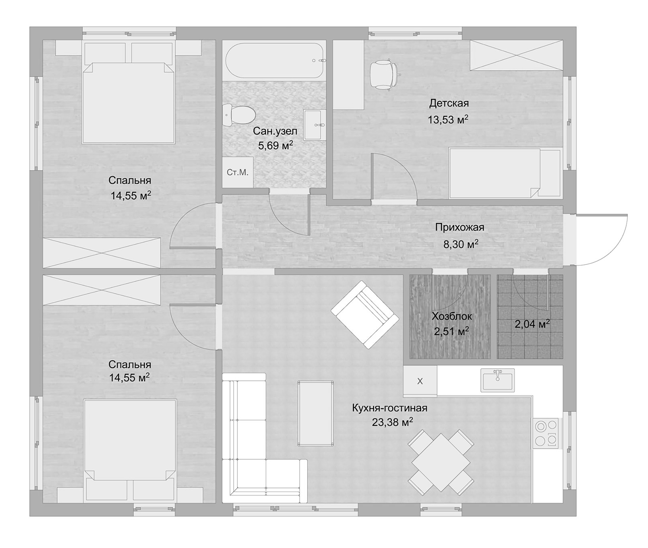 Планировка — Коттеджный поселок Финская деревня Юг, 3-комн., 90 м²