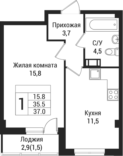 Планировка — Южная Заря, 1-комн., 36 м²