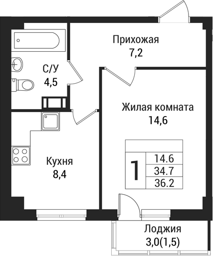 Планировка — Южная Заря, 1-комн., 35 м²