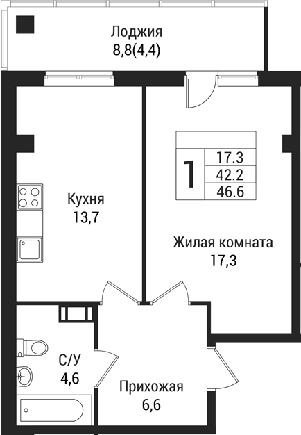 Планировка — Южная Заря, 1-комн., 42 м²
