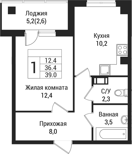Планировка — Южная Заря, 1-комн., 36 м²