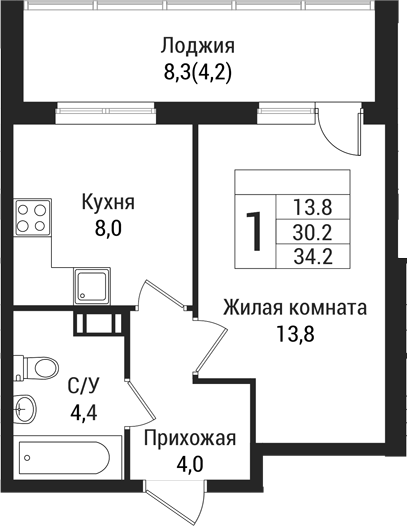 Планировка — Южная Заря, 1-комн., 30 м²