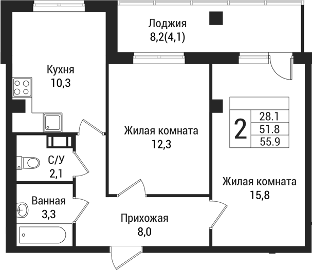Планировка — Южная Заря, 2-комн., 52 м²