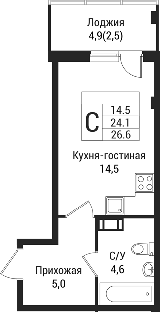 Планировка — Южная Заря, Студия, 24 м²