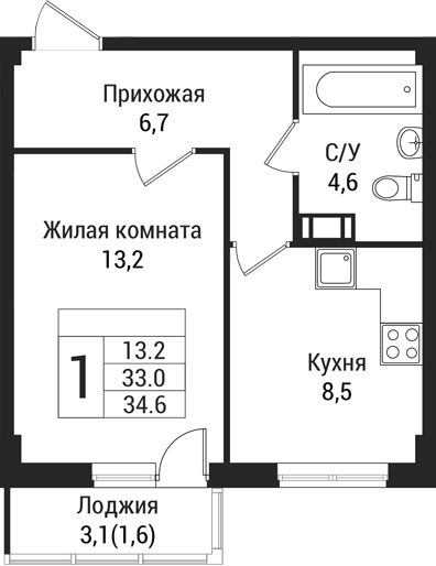 Планировка — Южная Заря, 1-комн., 33 м²