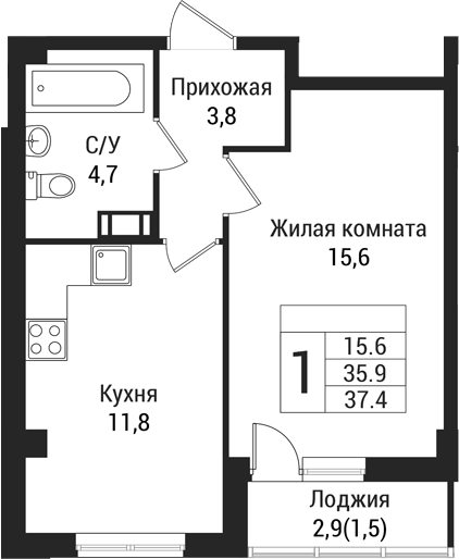 Планировка — Южная Заря, 1-комн., 36 м²