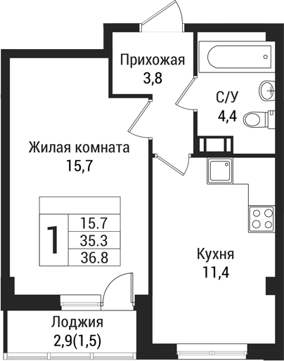 Планировка — Южная Заря, 1-комн., 35 м²
