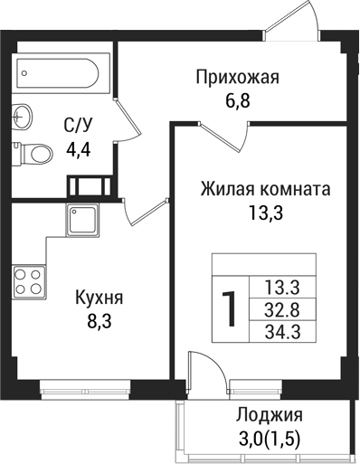 Планировка — Южная Заря, 1-комн., 33 м²