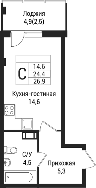 Планировка — Южная Заря, Студия, 24 м²