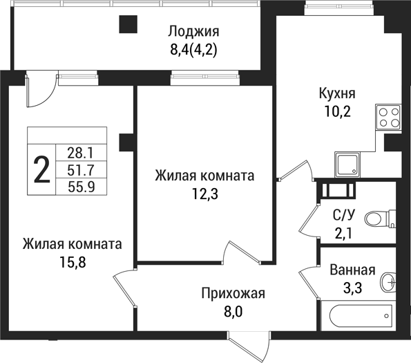 Планировка — Южная Заря, 2-комн., 52 м²