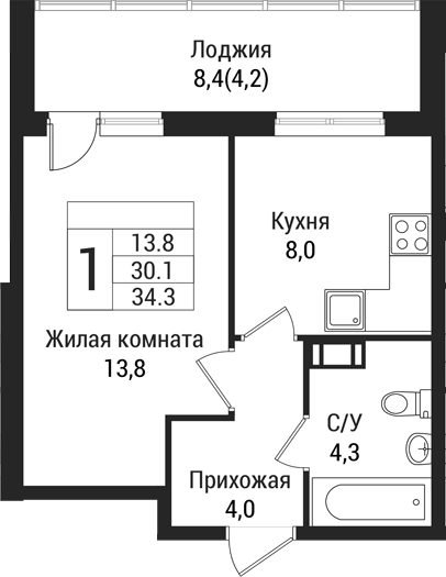 Планировка — Южная Заря, 1-комн., 30 м²