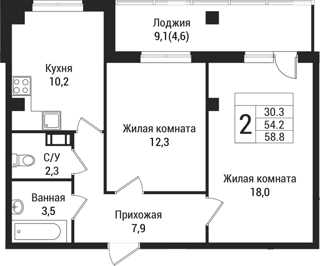 Планировка — Южная Заря, 2-комн., 54 м²