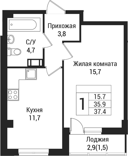 Планировка — Южная Заря, 1-комн., 36 м²