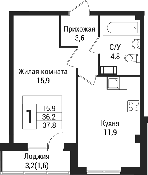 Планировка — Южная Заря, 1-комн., 37 м²