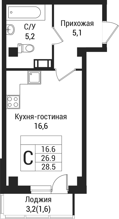 Планировка — Южная Заря, Студия, 26 м²