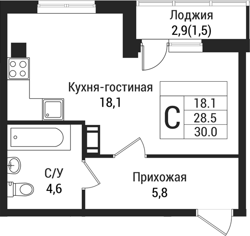 Планировка — Южная Заря, Студия, 29 м²