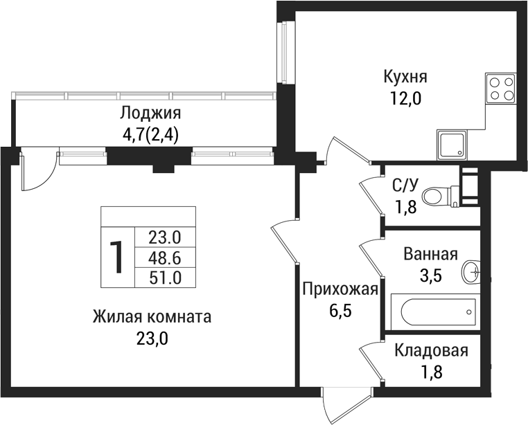 Планировка — Южная Заря, 1-комн., 49 м²