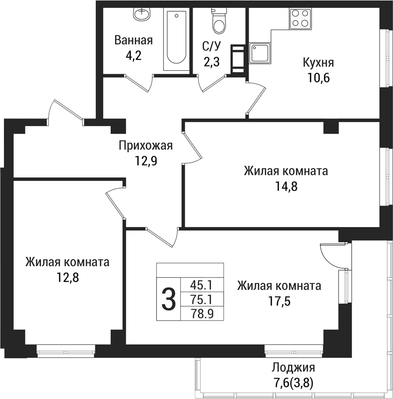 Планировка — Южная Заря, 3-комн., 75 м²
