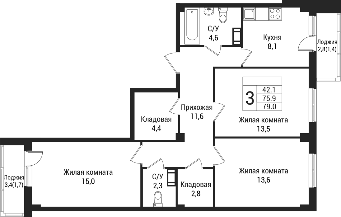 Планировка — Южная Заря, 3-комн., 76 м²