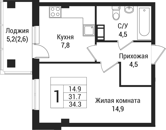 Планировка — Южная Заря, 1-комн., 32 м²