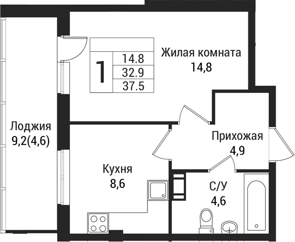 Планировка — Южная Заря, 1-комн., 33 м²