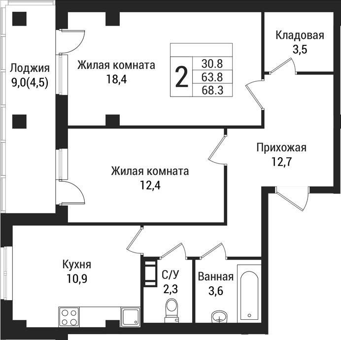 Планировка — Южная Заря, 2-комн., 64 м²