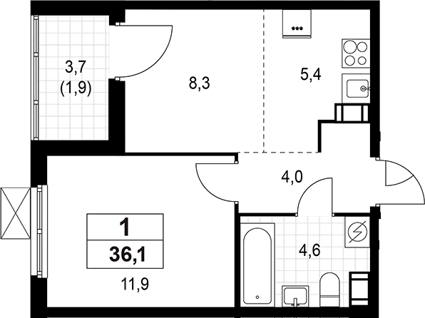 Планировка — А101 Лаголово, 1-комн., 34 м²