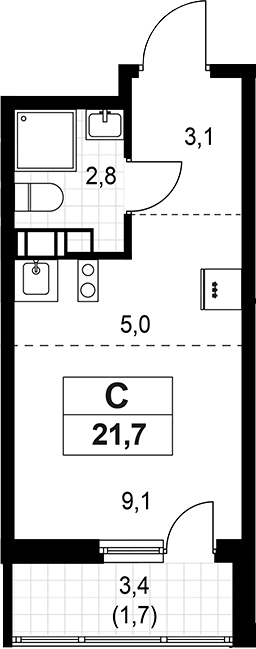 Планировка — А101 Лаголово, Студия, 20 м²