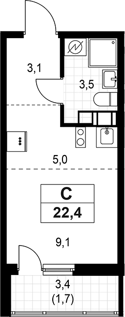Планировка — А101 Лаголово, Студия, 21 м²