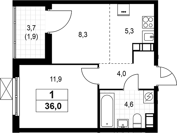 Планировка — А101 Лаголово, 1-комн., 34 м²