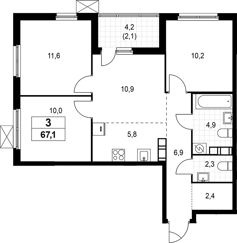 Планировка — А101 Лаголово, 4-комн., 65 м²