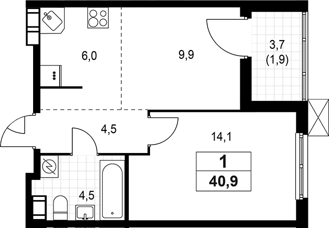 Планировка — А101 Лаголово, 2-комн., 39 м²