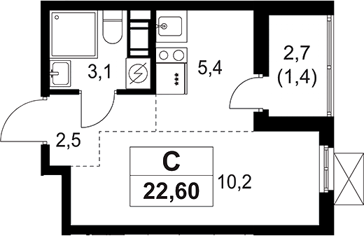 Планировка — А101 Лаголово, Студия, 21 м²