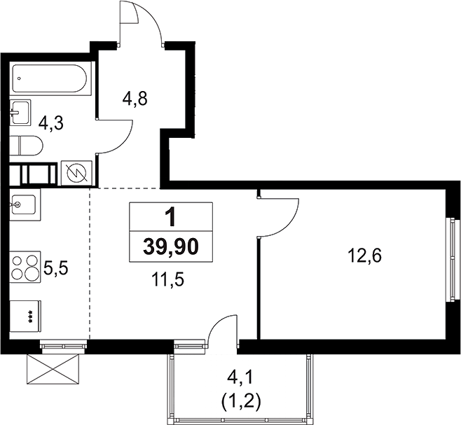 Планировка — А101 Лаголово, 2-комн., 39 м²