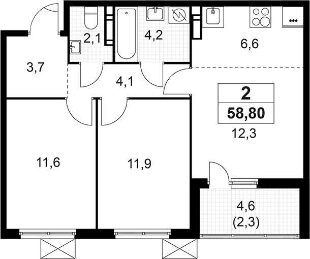 Планировка — А101 Лаголово, 3-комн., 57 м²