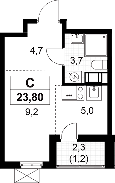 Планировка — А101 Лаголово, Студия, 23 м²