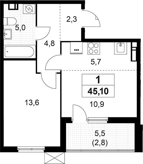 Планировка — А101 Лаголово, 2-комн., 42 м²