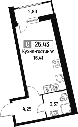 Планировка — Авиатор, Студия, 24 м²