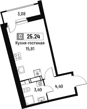 Планировка — Авиатор, Студия, 24 м²