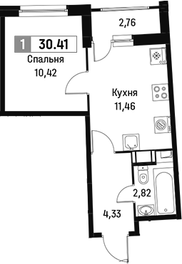 Планировка — Авиатор, 1-комн., 29 м²