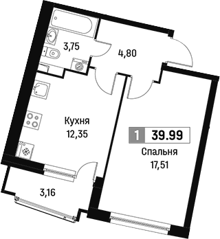 Планировка — Авиатор, 1-комн., 38 м²
