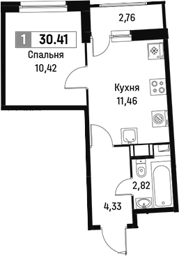 Планировка — Авиатор, 1-комн., 29 м²