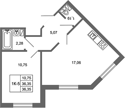 Планировка — Стороны света 2, 2-комн., 36 м²