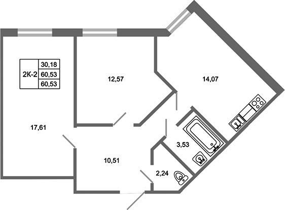 Планировка — Стороны света 2, 2-комн., 61 м²
