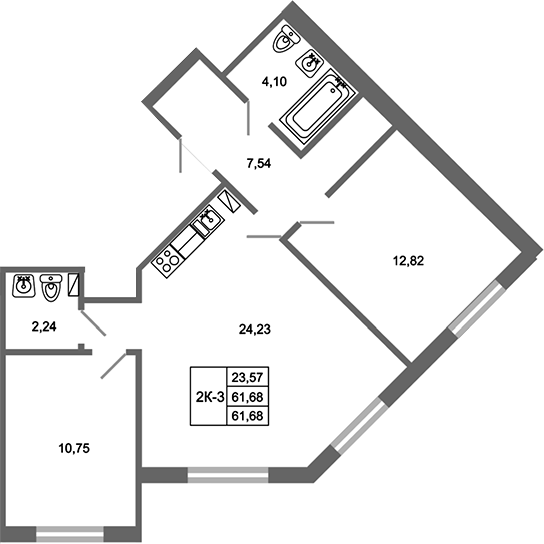 Планировка — Стороны света 2, 3-комн., 62 м²