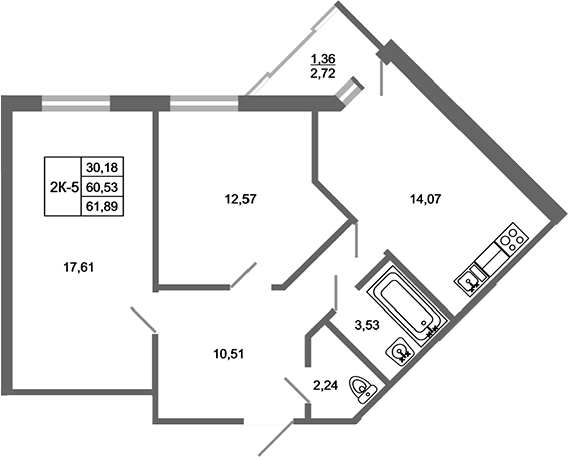 Планировка — Стороны света 2, 2-комн., 61 м²