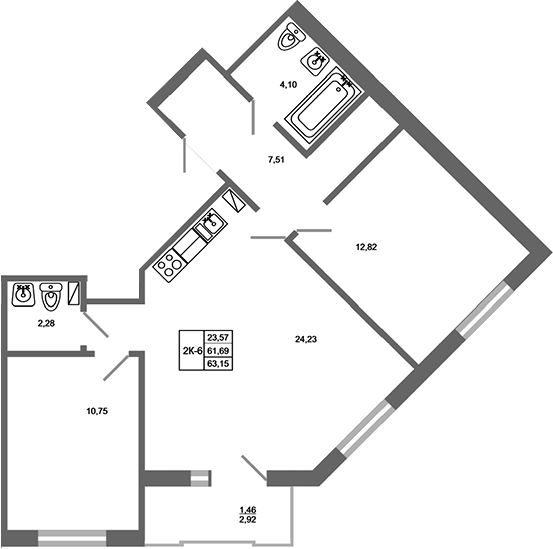 Планировка — Стороны света 2, 3-комн., 62 м²