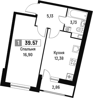 Планировка — Авиатор, 1-комн., 38 м²