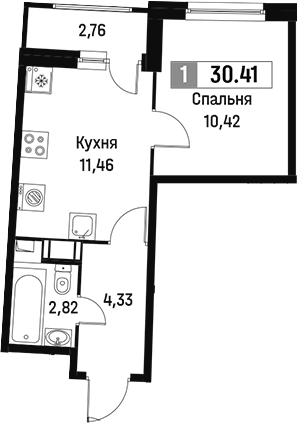 Планировка — Авиатор, 1-комн., 29 м²