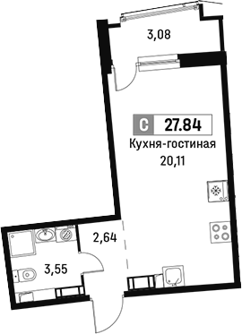 Планировка — Авиатор, Студия, 26 м²